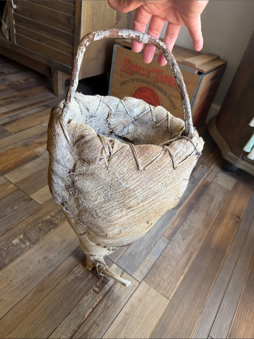 Organic Handmade Palm Frond Husk Wall Hanging Basket with Curved Branch Handle
